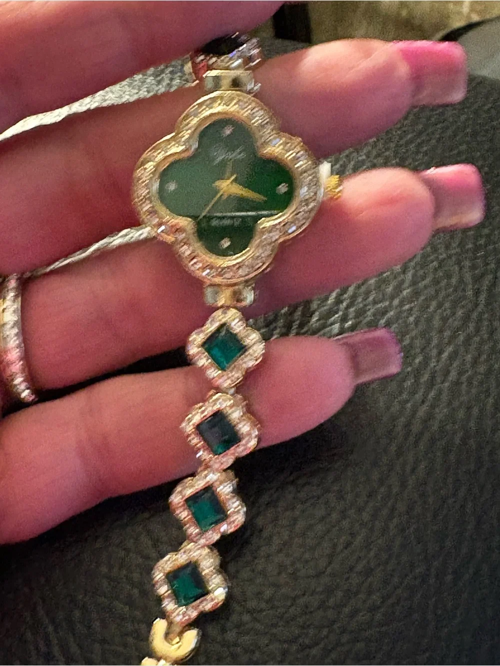 Watch-Emerald Green simulated 4 Leaf Clover GOLD TONE Watch Diamond like Bracel